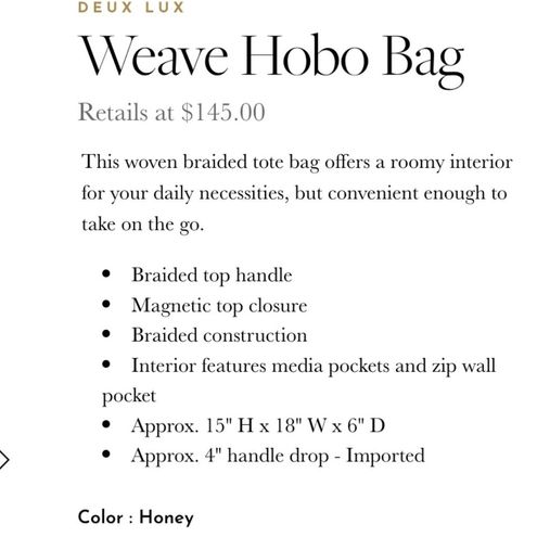 Deux Lux NWT 's Weave Hobo Bag in Honey - $64 New With Tags - From Hilary