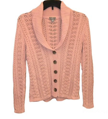 J.Jill Cable knit Folded Collar Button Front Cardigan Sweater Pink