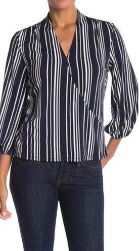 Adrianna Papell Faux Wrap Striped V Neck Career Blouse Blue L Size