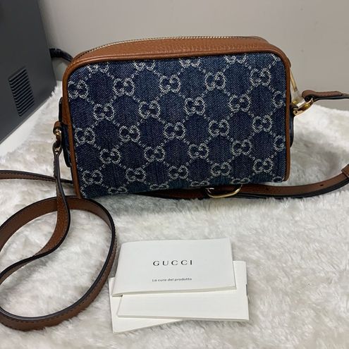 Gucci New Denim GG Monogram Mini Ophidia Shoulder Bag Blue Tea Cuir