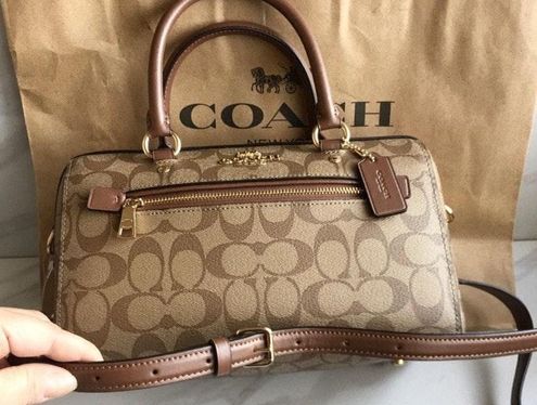 Coach F83607 Rowan Satchel in Signature Handbag Purse Khaki/saddle 2