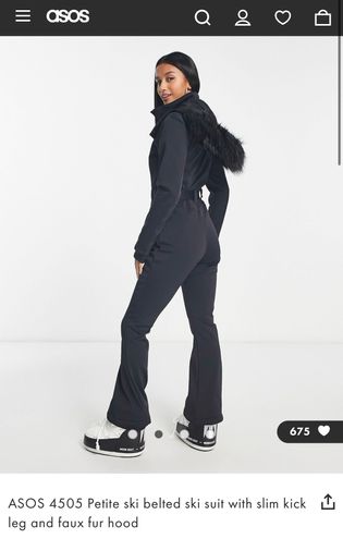 ASOS 4505 Petite ski belted ski suit with slim kick leg and faux fur hood