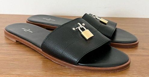 Louis Vuitton Black Grained Leather Lock It Flat Slides Size 41