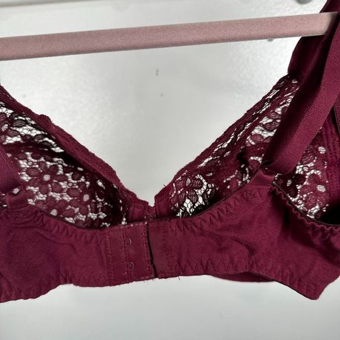 Maidenform Vintage 34D Bra Lace Burgundy Plunge 3229 Cotton