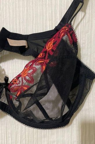 Cacique Sheer Underwire Bra Black with Red and Orange Floral