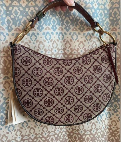 AUTH NWT $548 Tory Burch T Monogram Jacquard Studded Mini Crescent Bag In  Claret