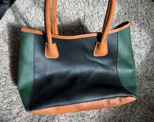 Vintage Tote, Neiman Marcus, Faux Leather, Dark Green, Black and Camel, Color Block Tote, Never Used, Pebbled Surface, Fully Lined