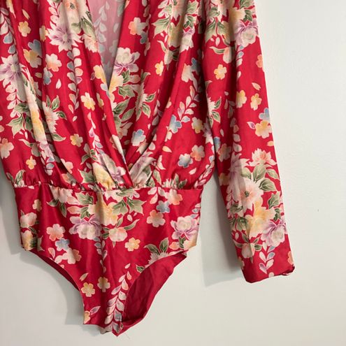 ZARA Red Floral Silky Bodysuit Top with Crossover Neckline - $25