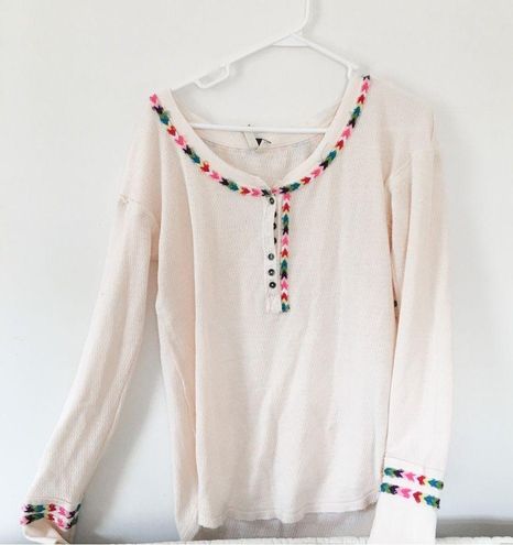 Free People NWT Cream Colored Embroidered Thermal Henley Top Size