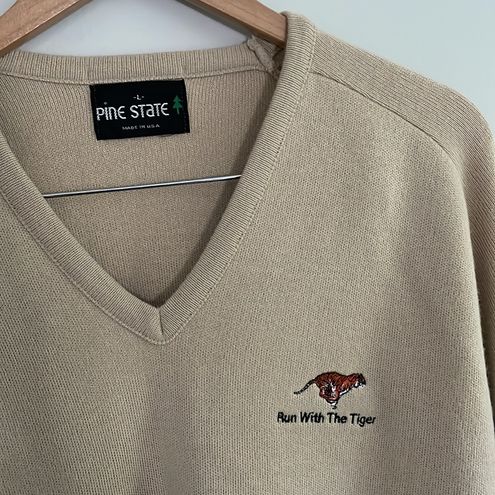 Vintage Run With The Tiger Neutral Tan V-Neck Sweater Made in