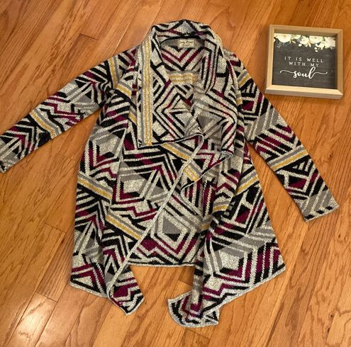 NEW Lucky Brand Intarsia Cardigan Draped Geometric Open Front Fall Winter  Size S