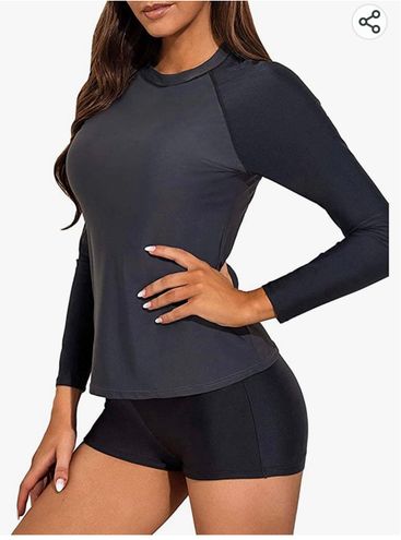 Women Rash Guard Long Sleeve Swimsuits UV UPF 50+ Two Piece Swim Shirt  Bathing Suit with Built in Bra -S 