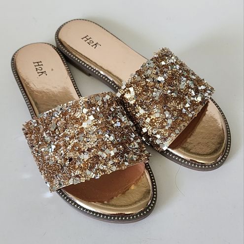 H2K Larva Rose Gold Rhinestone Glitter Flat Sandals Size 7 27