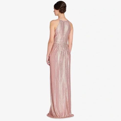 Hand-beaded Illusion Column Gown With Bell Sleeves Rose Gold