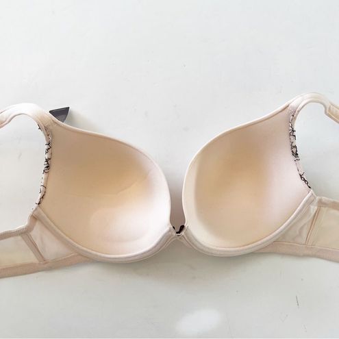 Cacique Smooth Boost Plunge Bra Size 38C Blush Pink Black Lace Bow