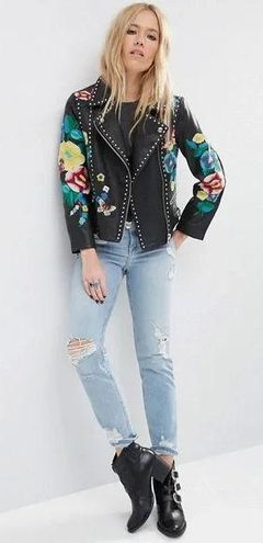 ASOS Premium Leather Biker Jacket With Floral Embroidery Black Size 6 $316