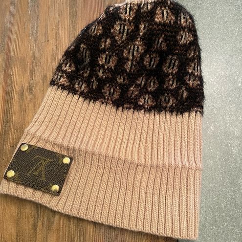 Tan Leopard Fur Pom Pom Re-purposed Lv Patch Beanie - $51 - From Kim