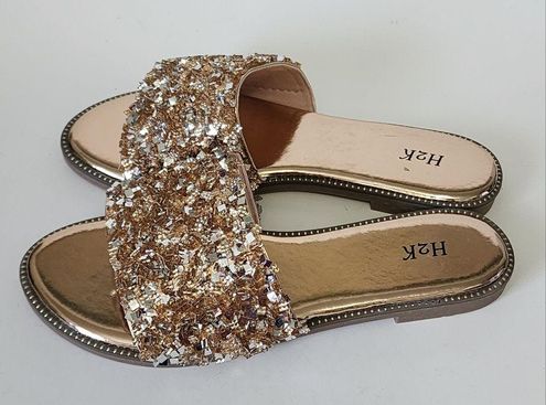 H2K Larva Rose Gold Rhinestone Glitter Flat Sandals Size 7 27