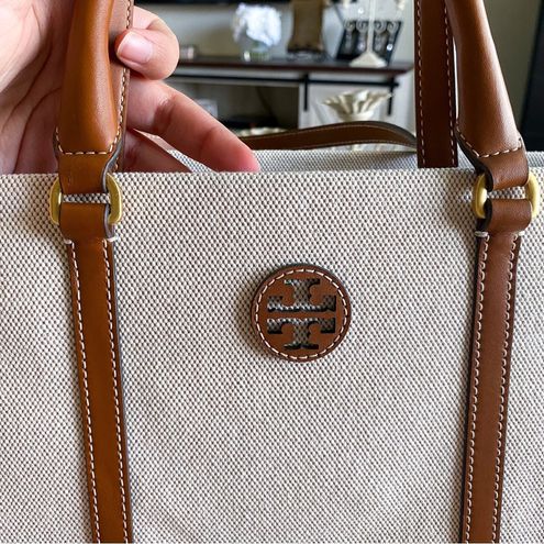 NWT Tory Burch Blake Canvas Small Tote NATURAL/CLASSIC CUOIO/BROWN