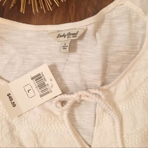 Lucky Brand Womens Scoop Neck Embroidered Cotton Peasant Blouse