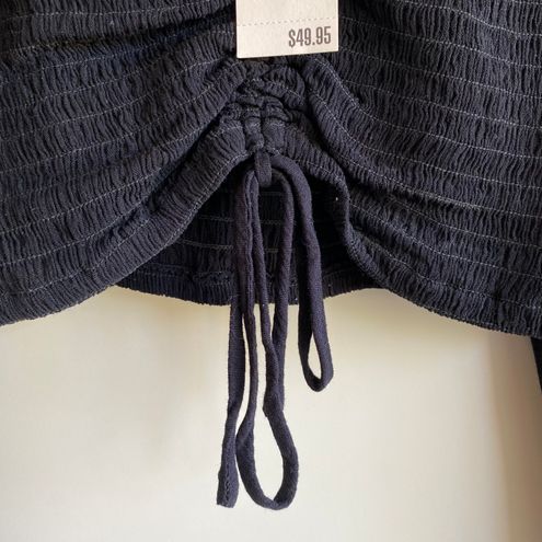 Black Boho Cinch-Front Puff Sleeve V-Neck Crop Top - Women's Size XS