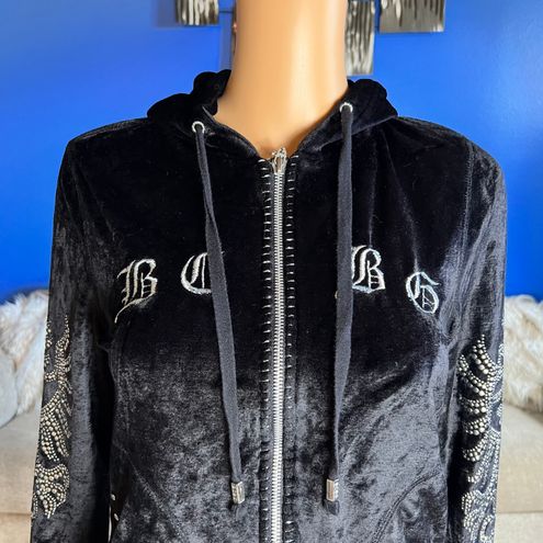 BCBGMAXAZRIA BCBG Velvet Velour Rhinestone Hoodie Black Size M