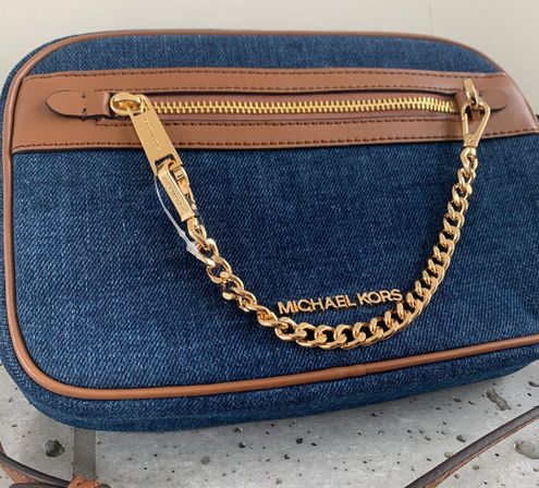 Michael Kors Jet Set Large East West Indigo Denim Zip Chain Crossbody