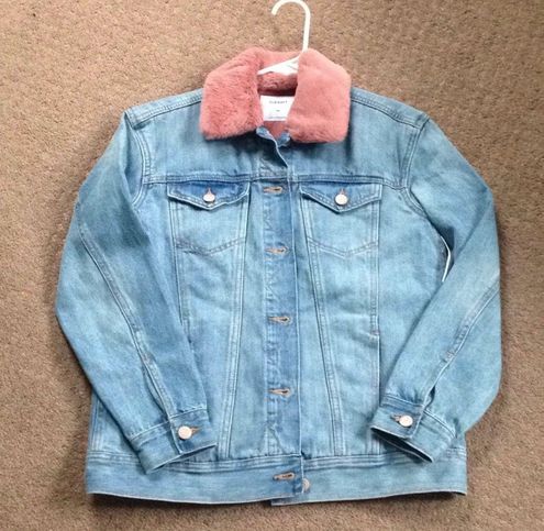 Distressed Denim Jacket with Hot Pink Fur Lining and Collar