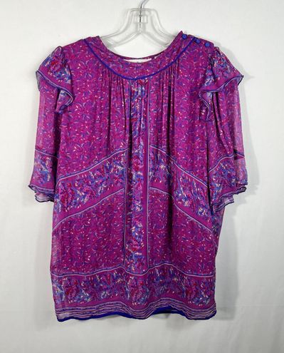 BA&SH Paris Magenta Pink Moccha Patterned Layered Ruffle Sleeve Blouse  Small S