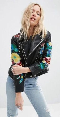 ASOS Premium Leather Biker Jacket With Floral Embroidery And Stud Detail in  Black