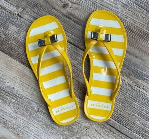 Coach Yellow White Striped Landon Sandals Flip Flops Shoes Size 6