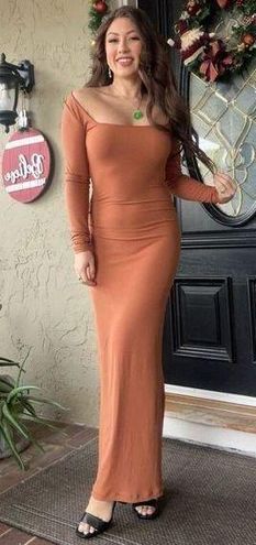 Pumiey Long Sleeve Maxi Dress, Bodycon Stretchy, Square Neck, Orange  Brown, XS Brown - $19 - From Kathryn