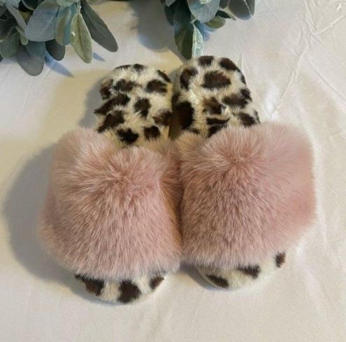 Shiraleah Chicago Vail Fluffy Faux Fur Blush Pink Leopard Slipper Slide Sz  L/XL 