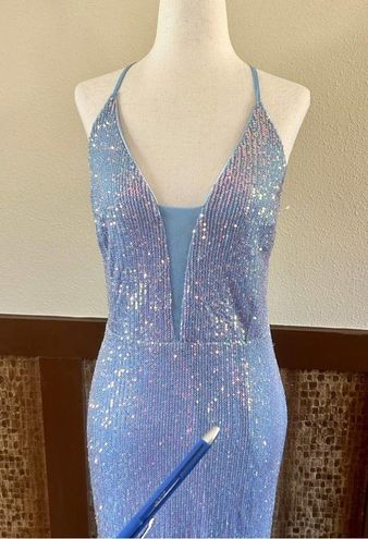 Lulus Iridescent Sequin Lace-up Mermaid Maxi Dress Light Blue XL