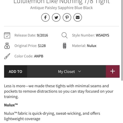 Lululemon Like Nothing 7/8 Tight Nulux - Antique Paisley Sapphire