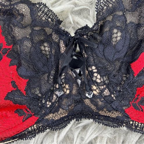 Victoria's Secret red & black unlined demi floral lace bra size 36DD