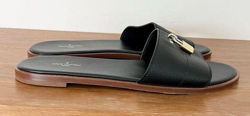 Louis Vuitton Black Grained Leather Lock It Flat Slides Size 41