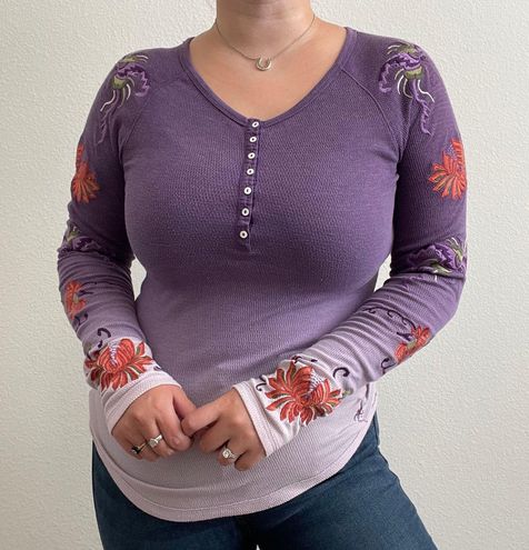 Lucky Brand Y2K Ombre Purple Knit Floral Embroidered Long Sleeve Thermal  Top Size L - $55 - From Karena