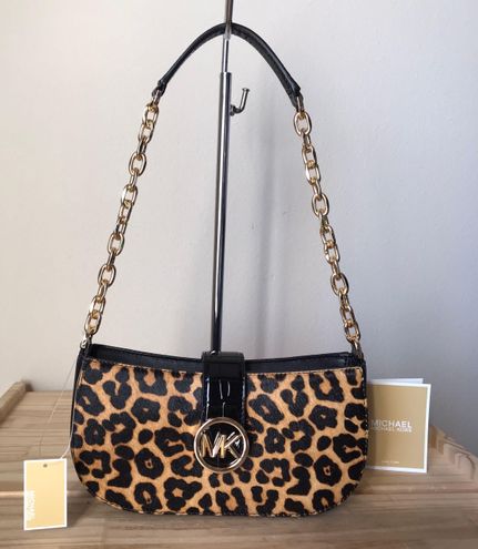 Michael Kors Carmen Small Gray Leather Leopard Haircalf Pouchette