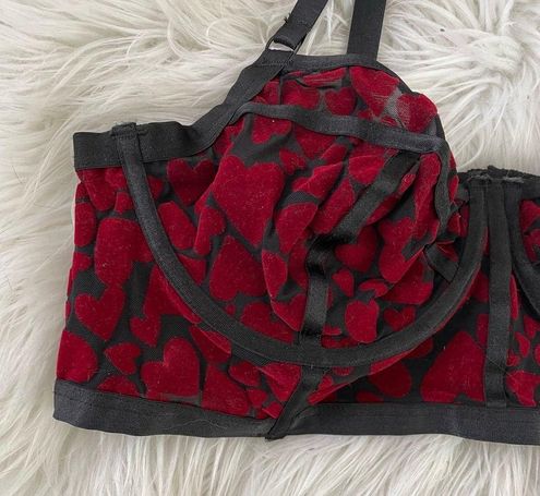 Torrid Black Mesh Red Heart Flocked Velvet Longline Underwire Bralette 0 10  12 L Size L - $20 - From Jenny