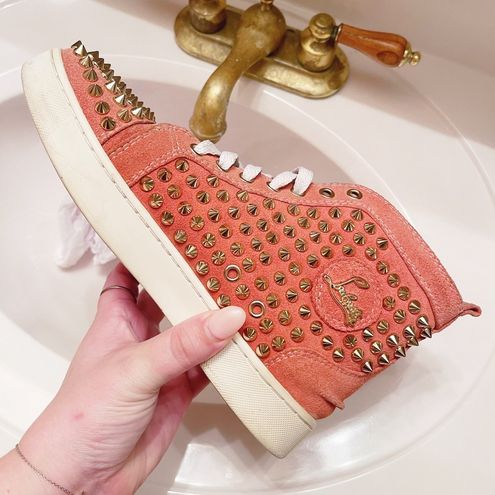Christian Louboutin Peach Nubuck Spike Embellished Louis Orlato Mid Top Sneakers Size 38