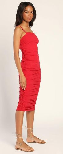 Red Midi Dress - Bodycon Dress - Ruched Bodycon Dress - Lulus
