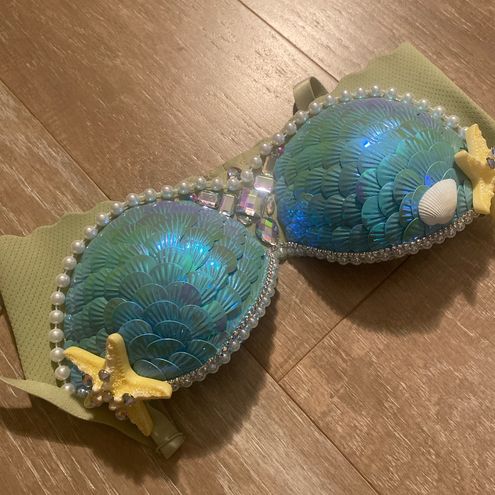 Mermaid starfish seashell scale rhinestone iridescent pearl push up bra XS  NEW - $81 - From Minnie