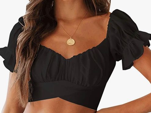 LYANER Women's Ruffle Short Sleeve Tie Up Back Crop Top Off