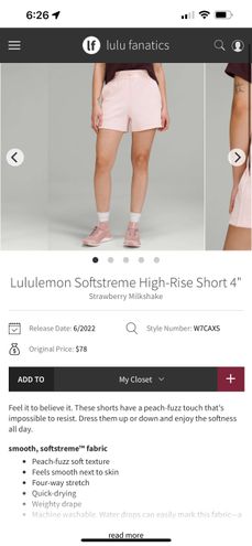 Lululemon Softstreme High-Rise Short 4 - Strawberry Milkshake