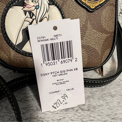 Coach, Bags, Disney X Coach Eva Phone Crossbody Villains Signature Canvas  With Patches