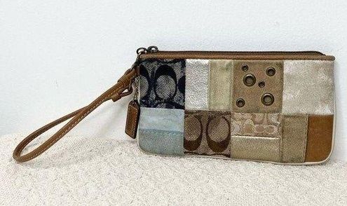 Coach Patchwork Gold Signature C Suede Wristlet Vintage Brown 