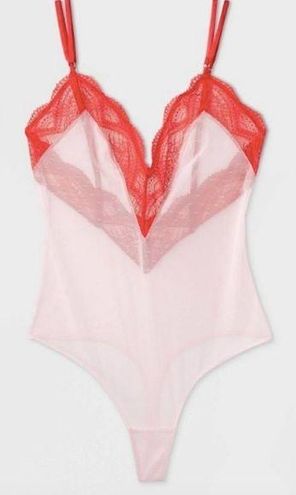 Auden bodysuit lingerie pink red sheer lace thong medium NEW NWT - $14 New  With Tags - From Britney