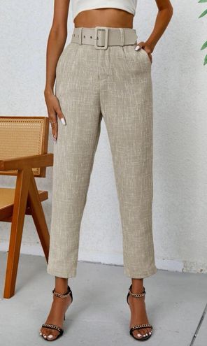 SheIn Privé Solid Slant Pocket Belted Cropped Suit Pants Tan Size