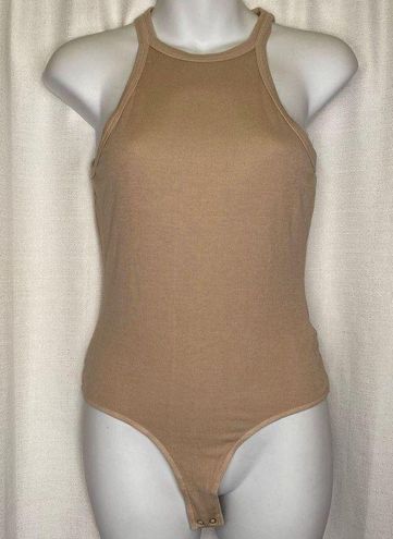 AGOLDE Ribbed Rianne High Neck Racerback Thong Body Suit Latte